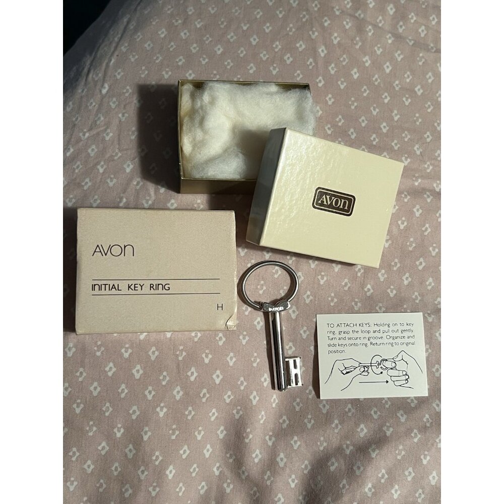 1982 AVON Initial "H" NEW OLD STOCK  Silver Tone Key Shape Charm Key Ring 2.5"L